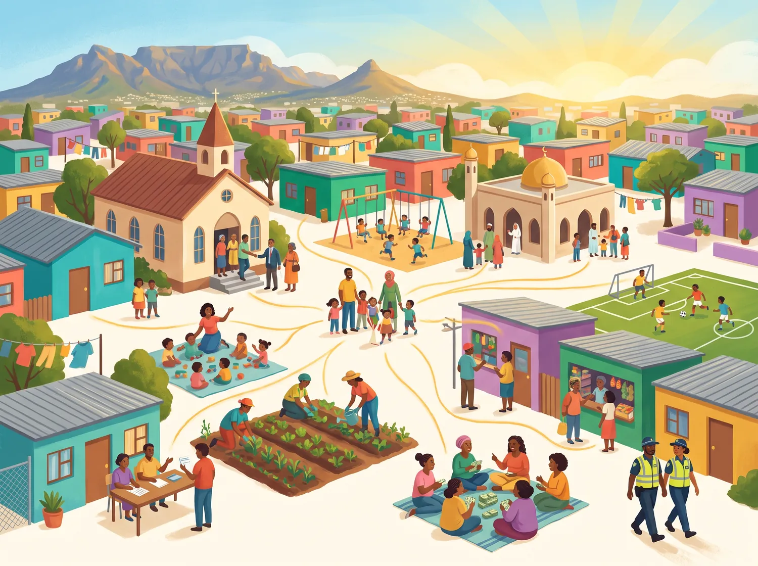An illustration of the groups and places that hold a community together.