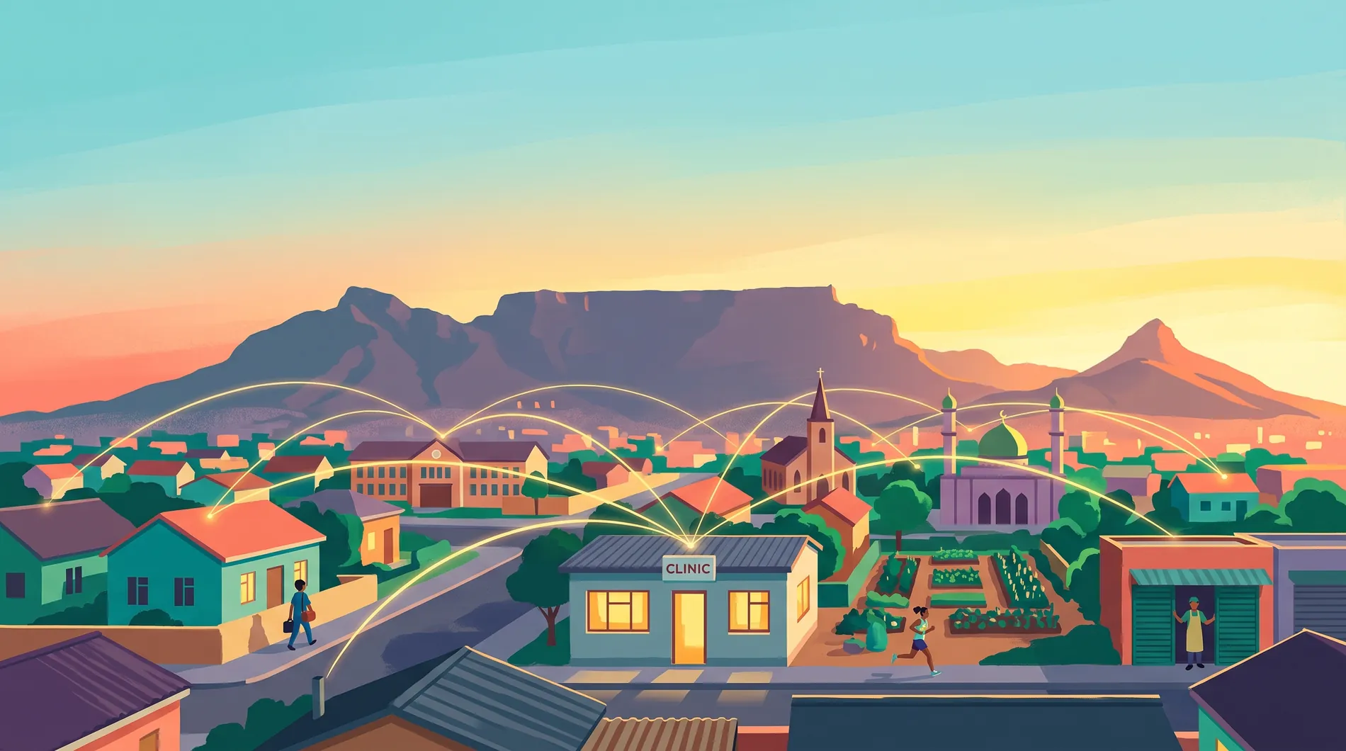 A dawn illustration of a Western Cape community with Table Mountain on the horizon, golden threads of light connecting houses, a school, a church, a mosque, a garden and a clinic into one network.