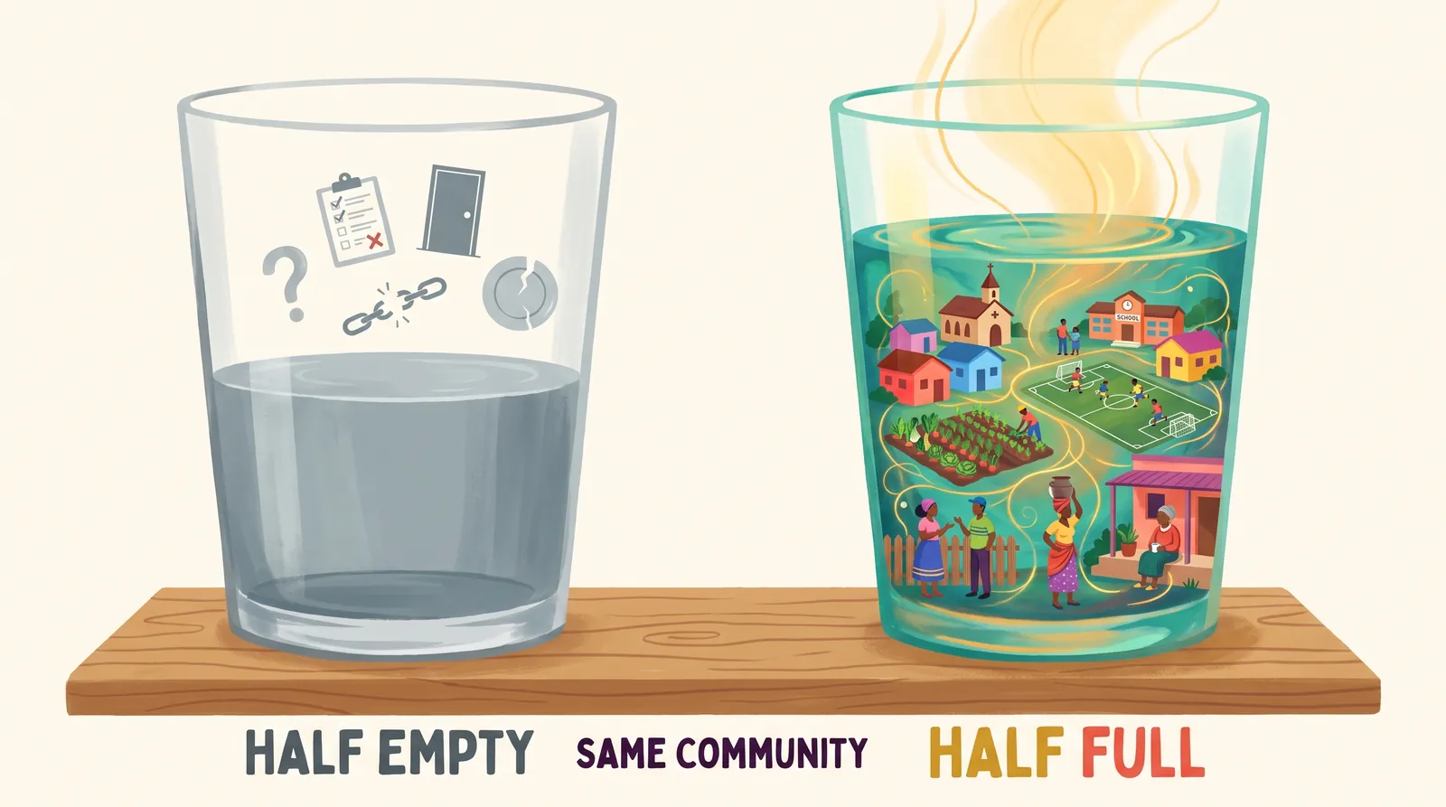 An illustration of a single glass of water seen two ways: half empty on one side, half full on the other.